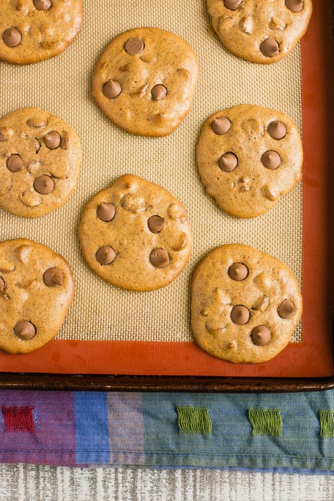 Flourless chocolate chip cookies made with almond butter - gluten free, 5 ingredients, ready in 15 minutes.