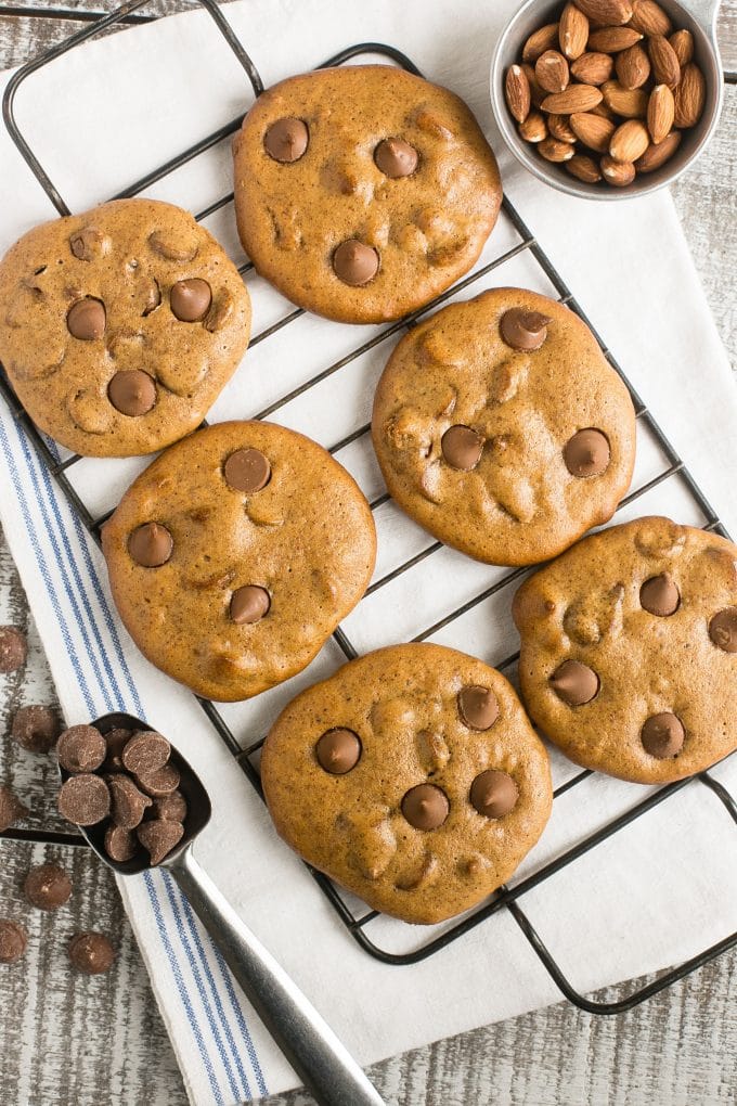 Flourless chocolate chip cookies made with almond butter - gluten free, 5 ingredients, ready in 15 minutes.