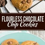 Flourless chocolate chip cookies made with almond butter - gluten free, 5 ingredients, ready in 15 minutes.