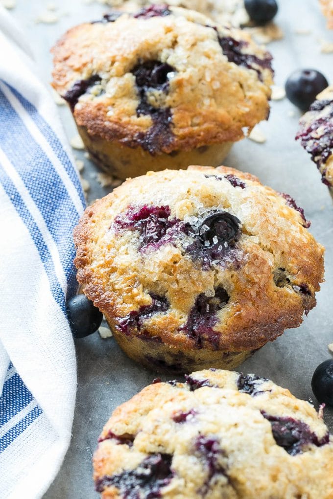 Blueberry muffins made with whole wheat flour and oatmeal.