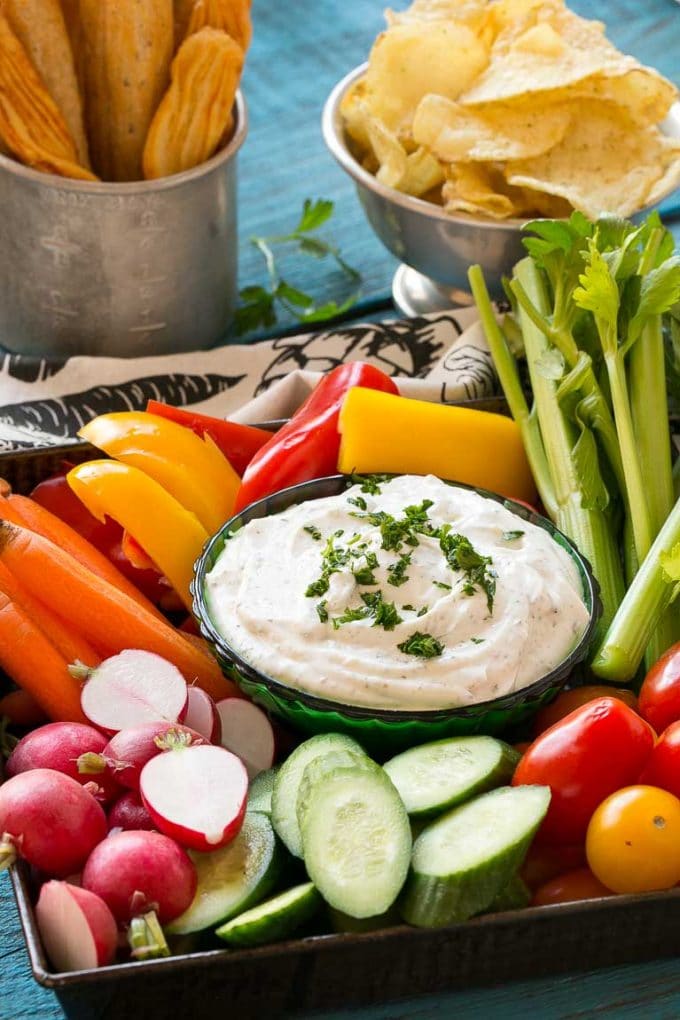 This homemade ranch dip is a creamy and flavorful mix of all the familiar herbs and spices, but it tastes way better than the store bought version. A quick and easy snack for parties and game day gatherings!