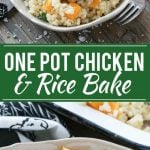 This One Pot Oven Chicken and Rice Bake combines chicken with creamy parmesan rice and butternut squash for a complete healthy meal with less dishes to clean.