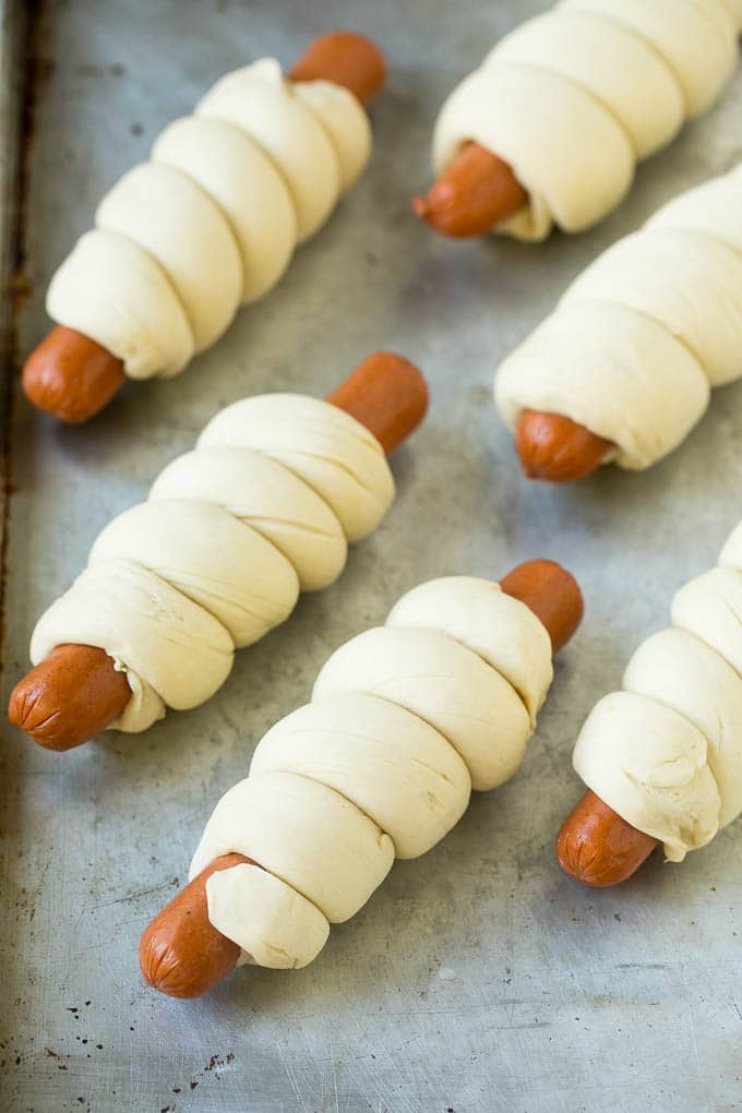 Homemade bagel dough wrapped around hot dogs.