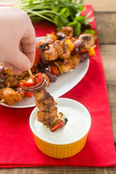 Try something a little different this Cinco de Mayo! These chicken fajitas on a stick with creamy cilantro dipping sauce make a great appetizer or main course.