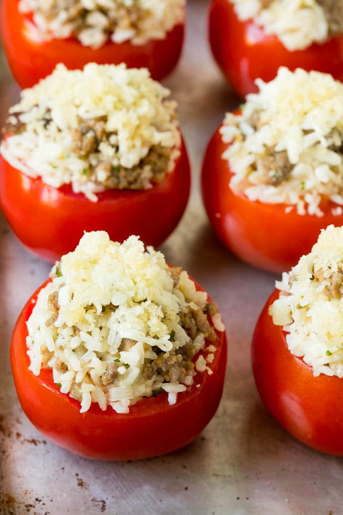 Tomatoes stuffed with a sausage rice mixture, topped with buttered breadcrumbs.