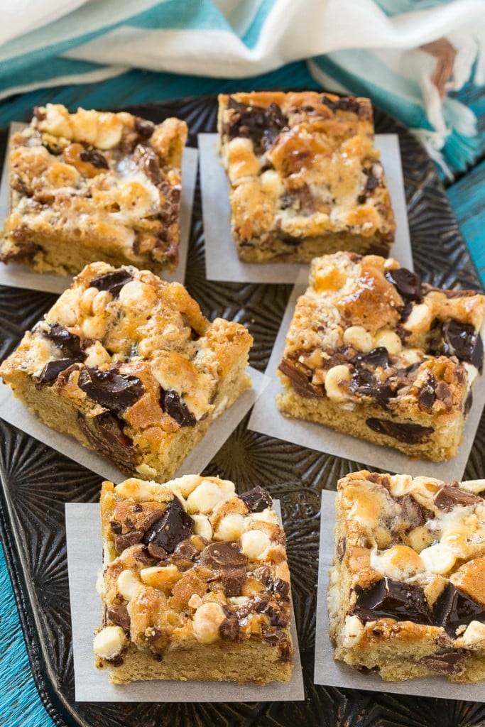 These Rocky Ledge Bars are the BEST cookie bar full of three kinds of chocolate, marshmallows and toffee.