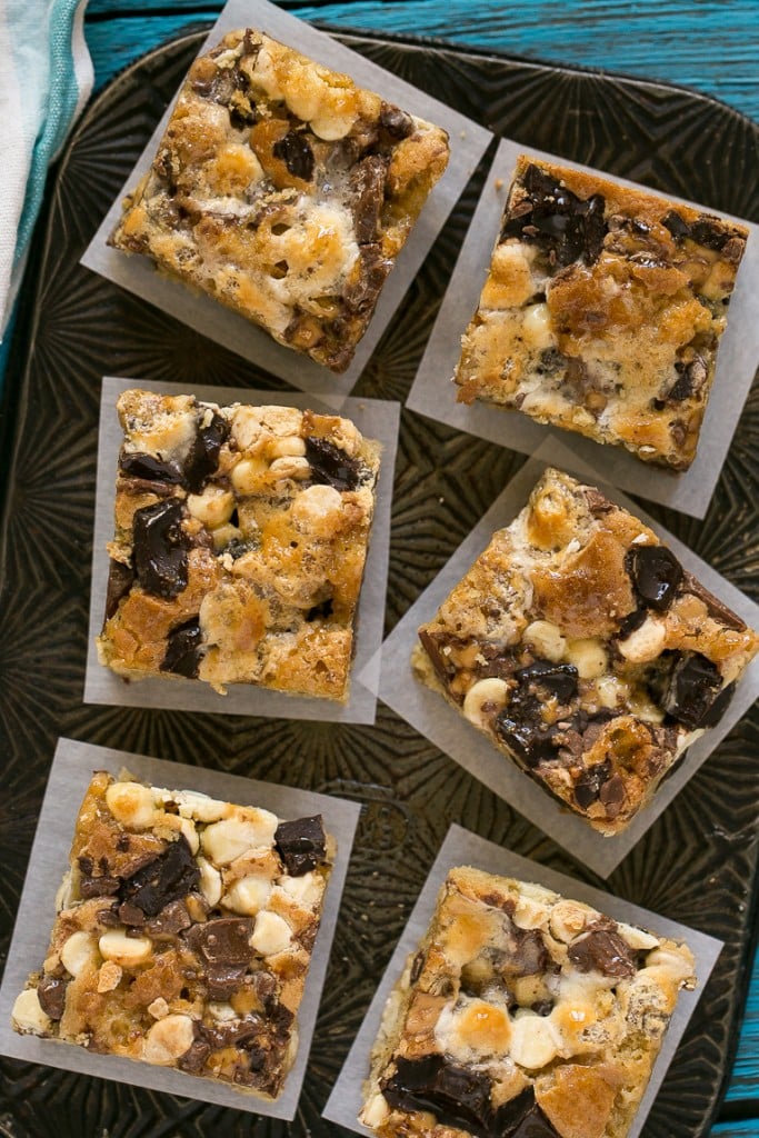 These Rocky Ledge Bars are the BEST cookie bar full of three kinds of chocolate, marshmallows and toffee.