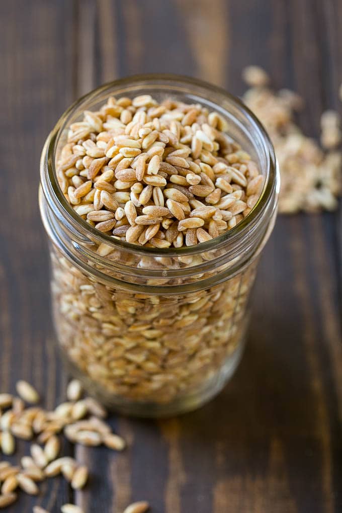 Dry farro in a jar.