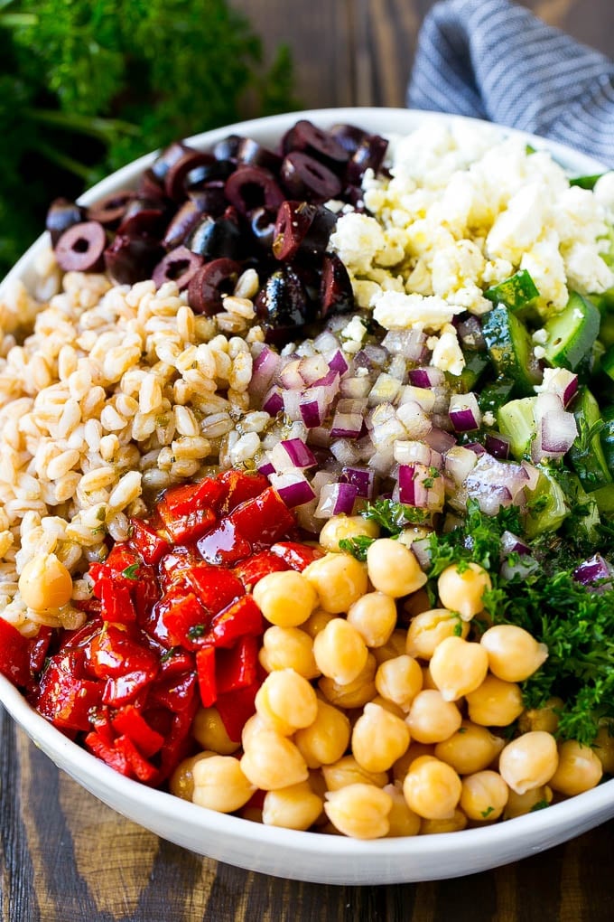 Vegetables, chickpeas and farro topped with herb dressing.