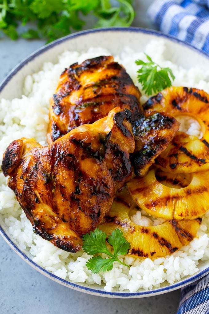 Hawaiian chicken thighs and grilled pineapple served over rice.