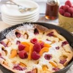 This giant apricot raspberry dutch baby pancake bakes in the oven and is a showstopping addition to your breakfast or brunch - no flipping required!