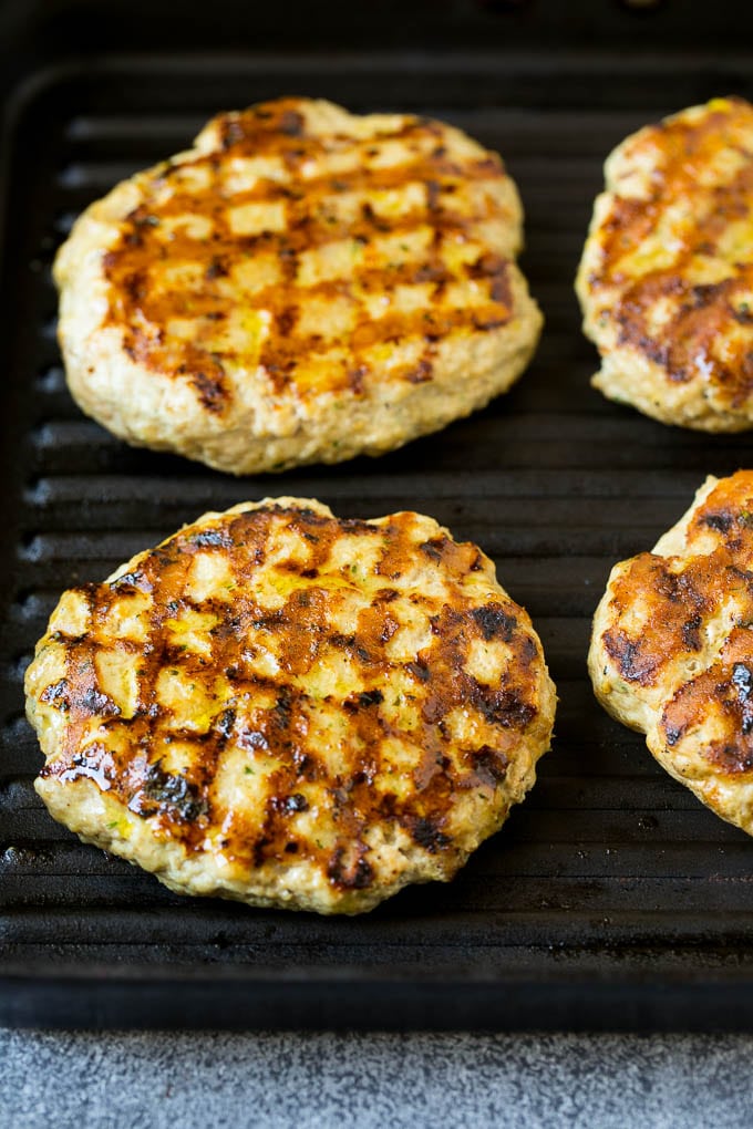 Turkey burgers on a grill pan.