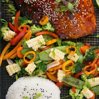 Hoisin Lime Glazed Salmon - The salmon and vegetables cook together on the same pan for a quick, healthy and easy dinner!