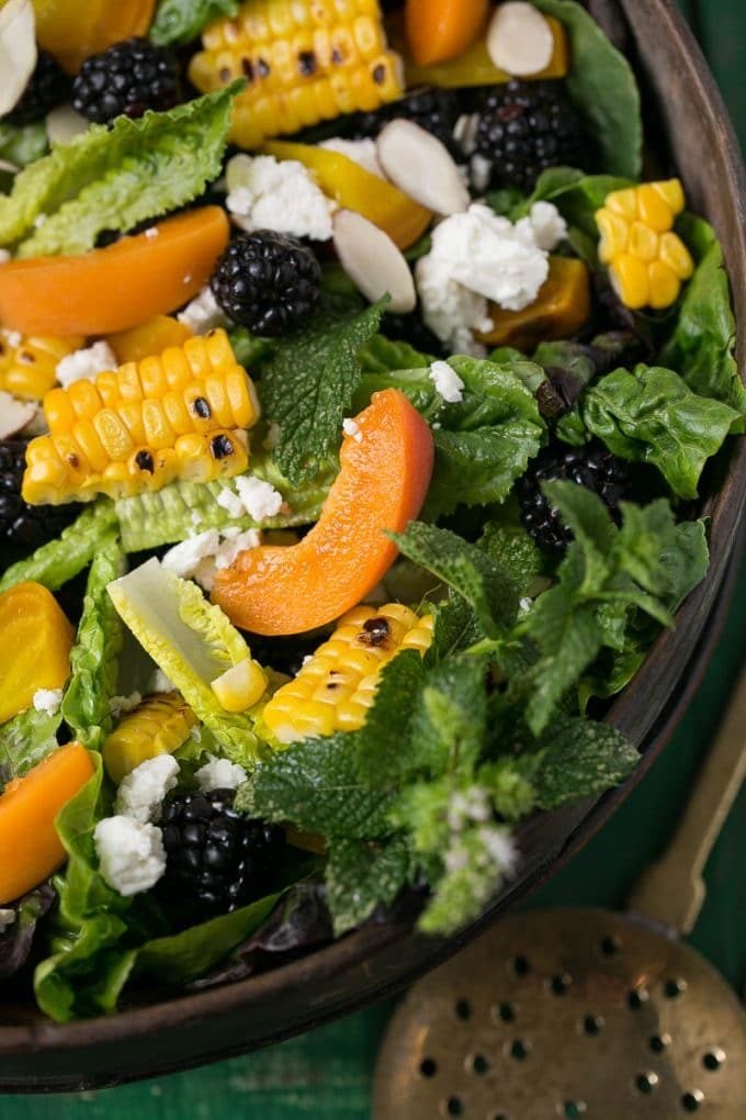 Salad with apricots and corn.