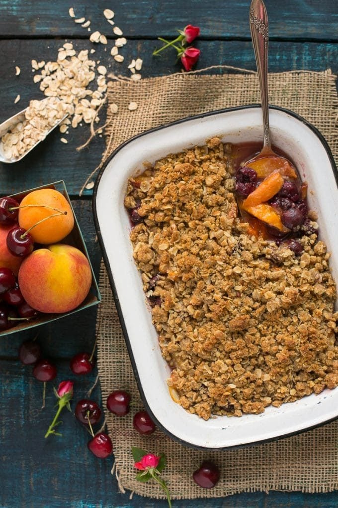 A pan of cherry and peach crisp.