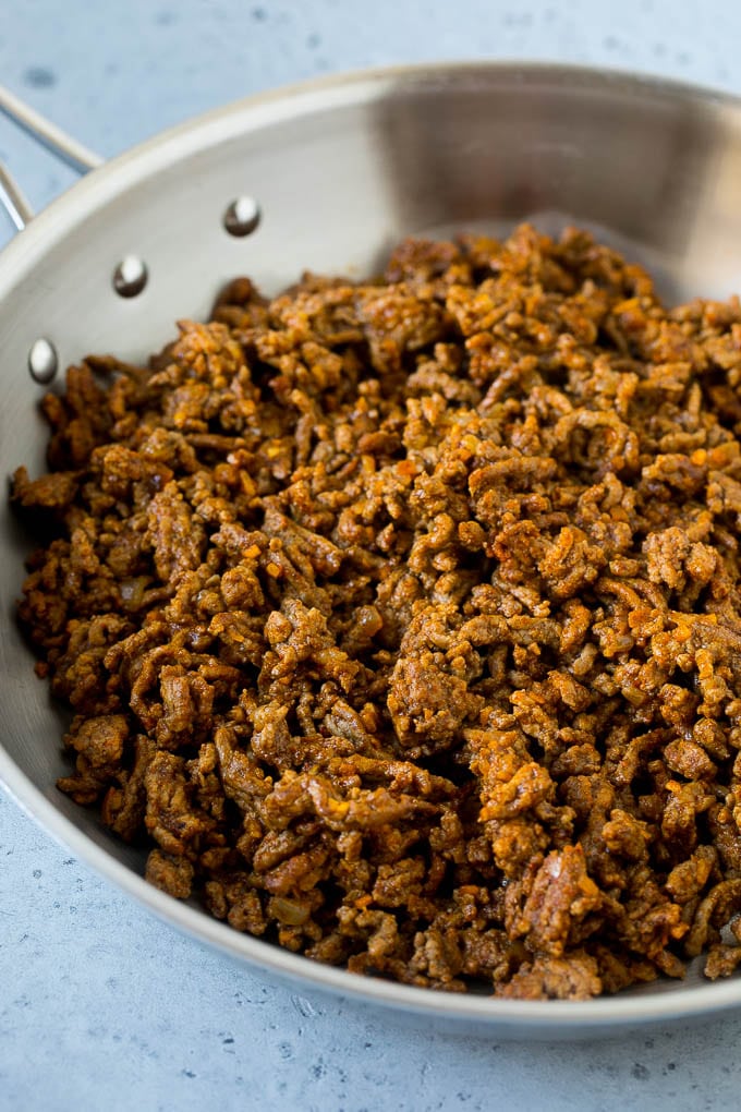 A pan of taco meat made with ground beef.