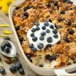 This blueberry almond bread pudding has a streusel topping and is finished off with a drizzle of salted caramel. The ultimate comfort food! #Ad