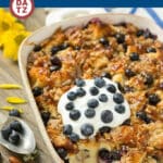 This recipe for blueberry bread pudding is bread and fresh fruit soaked in creamy custard, then topped with streusel and baked to perfection.
