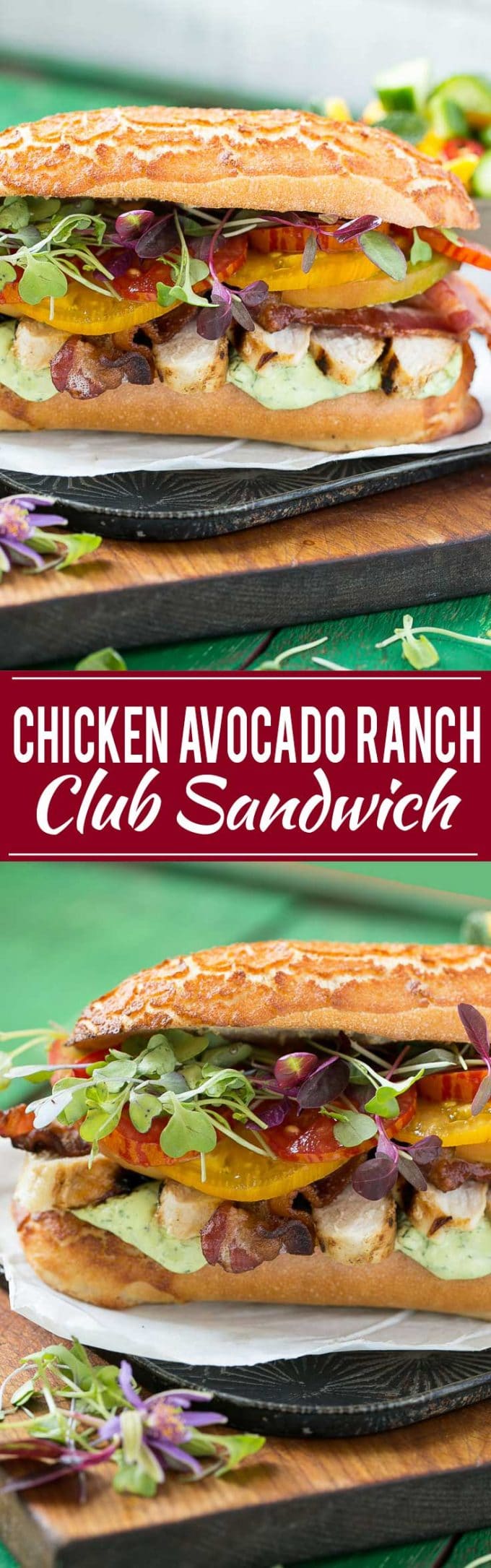This updated club sandwich includes lemon herb grilled chicken, homemade avocado ranch spread, plenty of bacon and lots of summer tomatoes.
