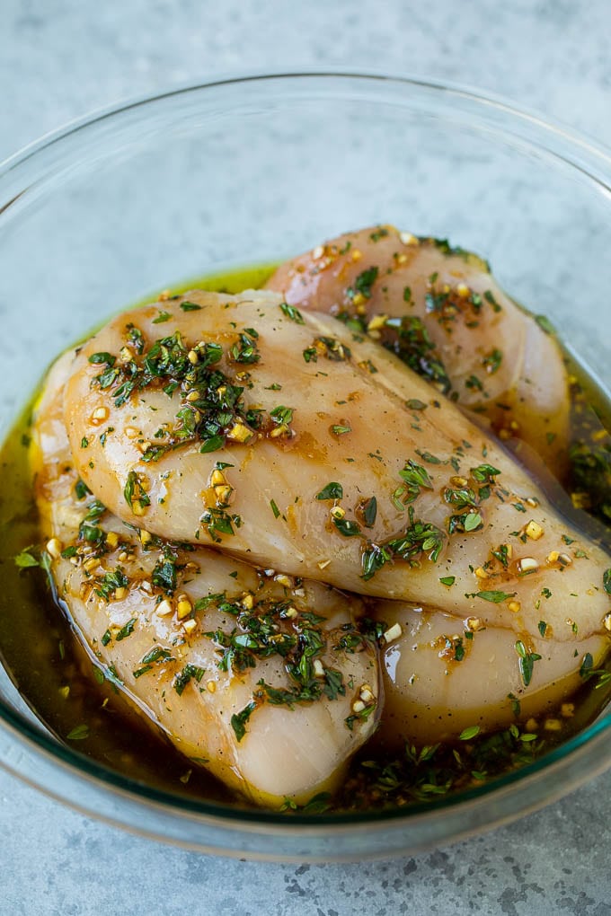 Chicken breasts coated in garlic, herbs, lemon, soy sauce and olive oil.