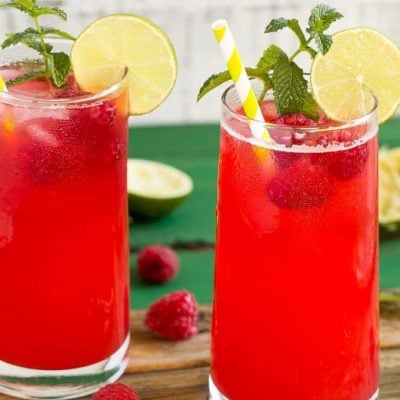 This sparkling raspberry limeade has just 4 ingredients and is a super refreshing drink for a hot day.