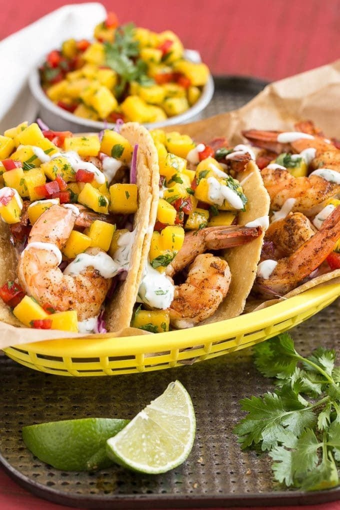 Corn tortillas filed with shrimp, creamy lime sauce and mango salsa.