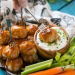 Turkey meatballs tossed in a homemade chipotle buffalo sauce, served with a skinny blue cheese dip.