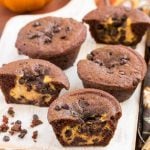 A rich chocolate muffin with a surprise chocolate chip pumpkin cheesecake center.