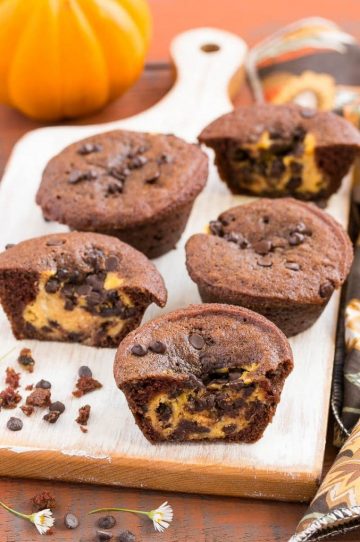 A rich chocolate muffin with a surprise chocolate chip pumpkin cheesecake center.