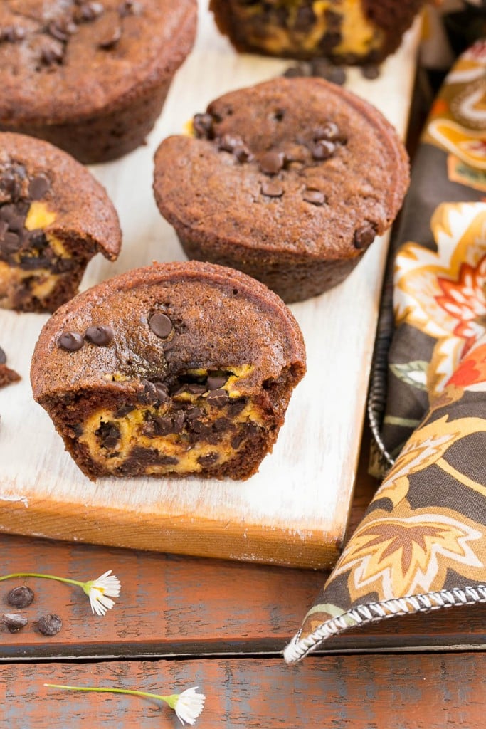 A rich chocolate muffin with a surprise chocolate chip pumpkin cheesecake center.