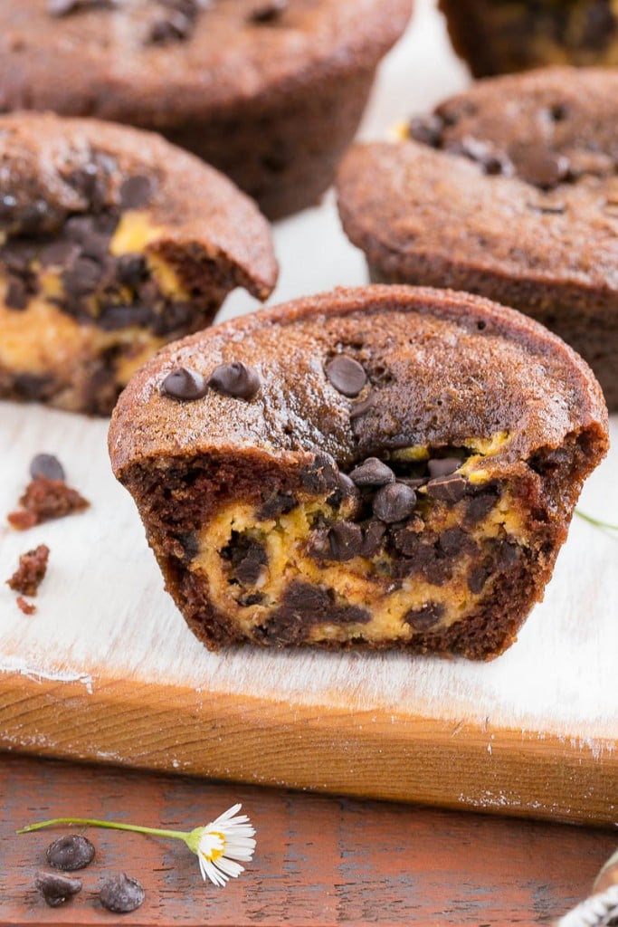 A rich chocolate muffin with a surprise chocolate chip pumpkin cheesecake center.