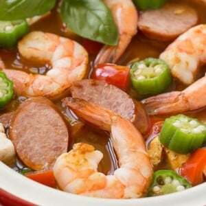 This one pot chicken and shrimp gumbo is a healthy and easy meal that's ready in just 30 minutes!