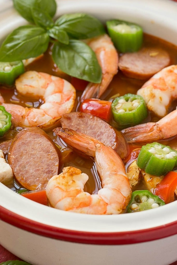 This one pot chicken and shrimp gumbo is a healthy and easy meal that's ready in just 30 minutes!