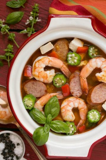 This one pot chicken and shrimp gumbo is a healthy and easy meal that's ready in just 30 minutes!