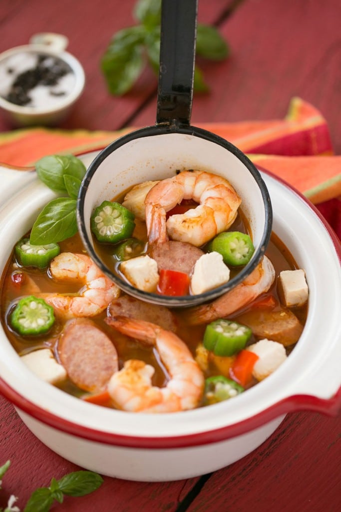 This one pot chicken and shrimp gumbo is a healthy and easy meal that's ready in just 30 minutes!