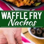 Waffle fries are smothered in nacho toppings for a fun and delicious snack. #FarmtoFlavor Ad