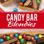 These candy bar blondies are a chewy brown sugar cookie base topped with rich chocolate frosting and your favorite candy.