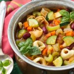 This one pot healthy minestrone soup is chock full of vegetables and tender cheese tortellini.