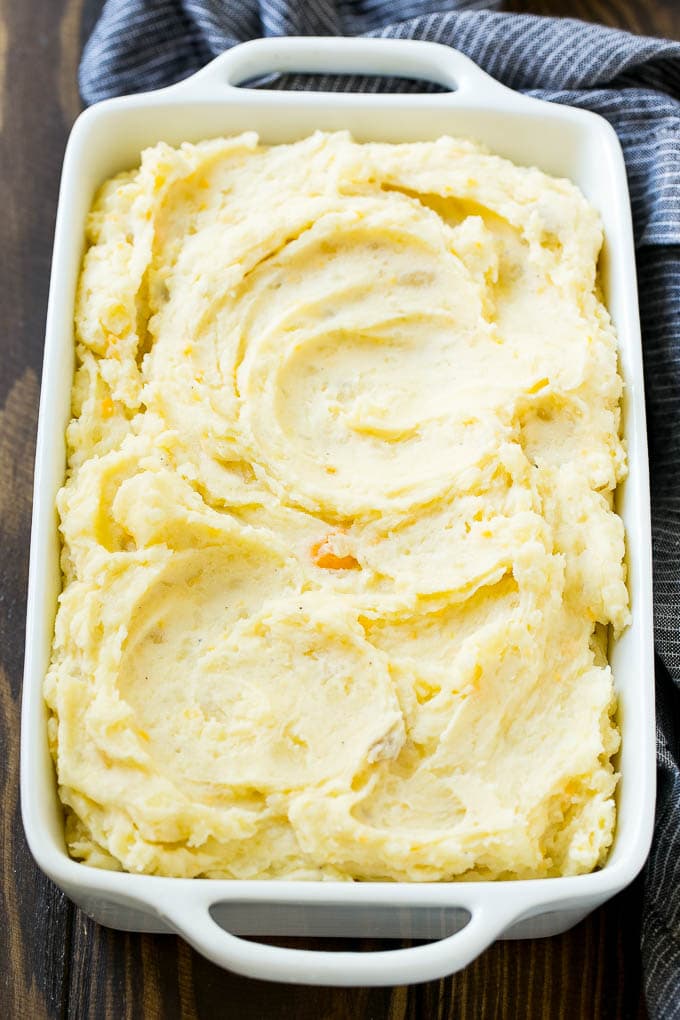 Mashed potatoes in a baking dish.