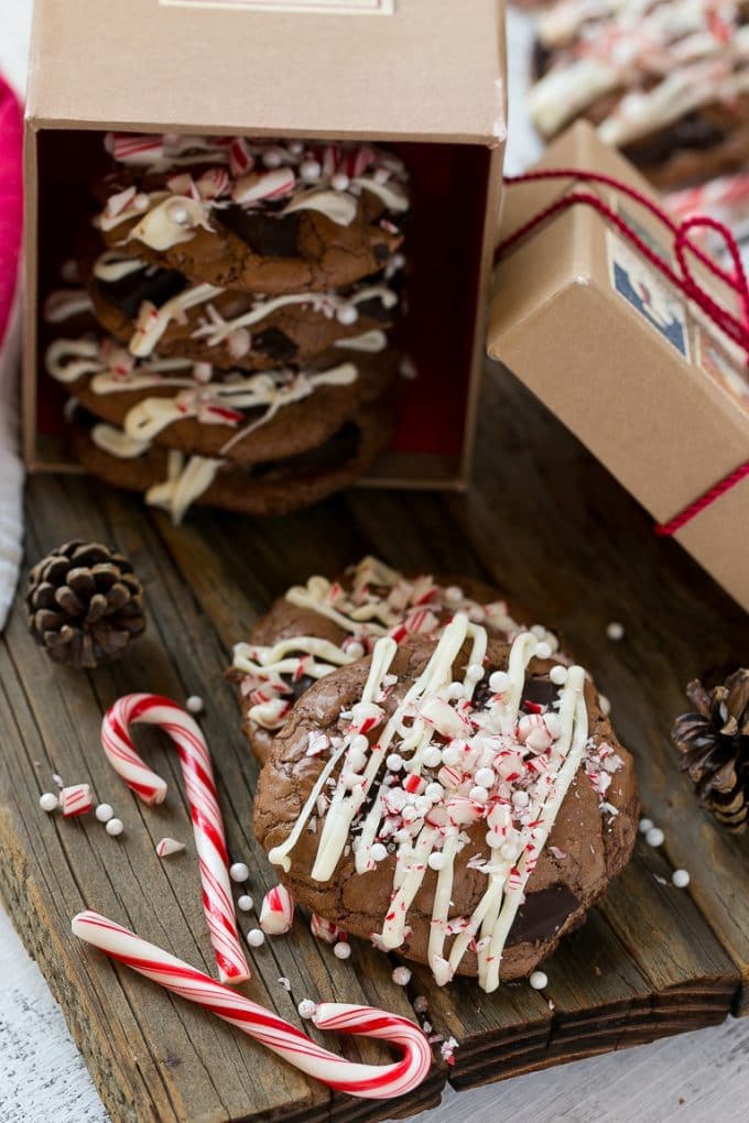 Chocolate Peppermint Cookies topped with crushed candy canes in a gift box.