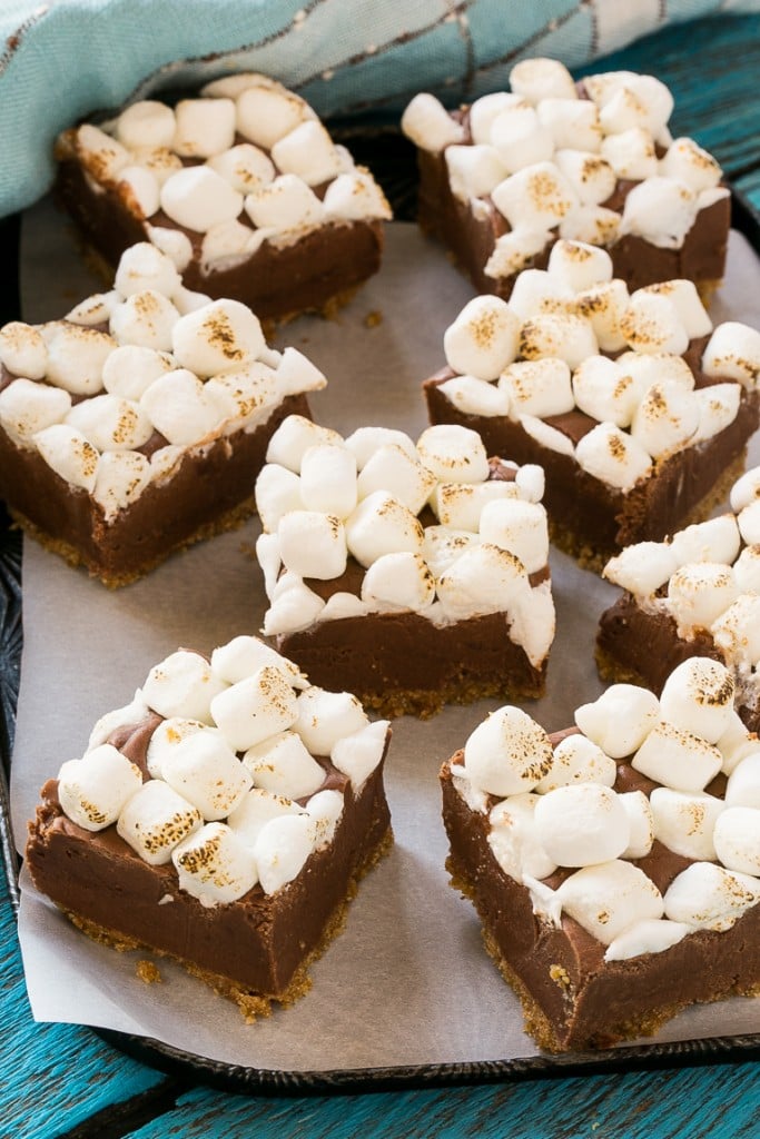 S'mores fudge with a crunchy graham cracker crust, creamy chocolate fudge filling and plenty of toasted marshmallows on top. The best fudge I've ever had!