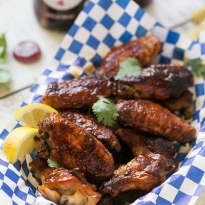 These sweet and tangy baked chicken wings are smothered in a homemade barbecue sauce. They’re extra crispy without any frying required!