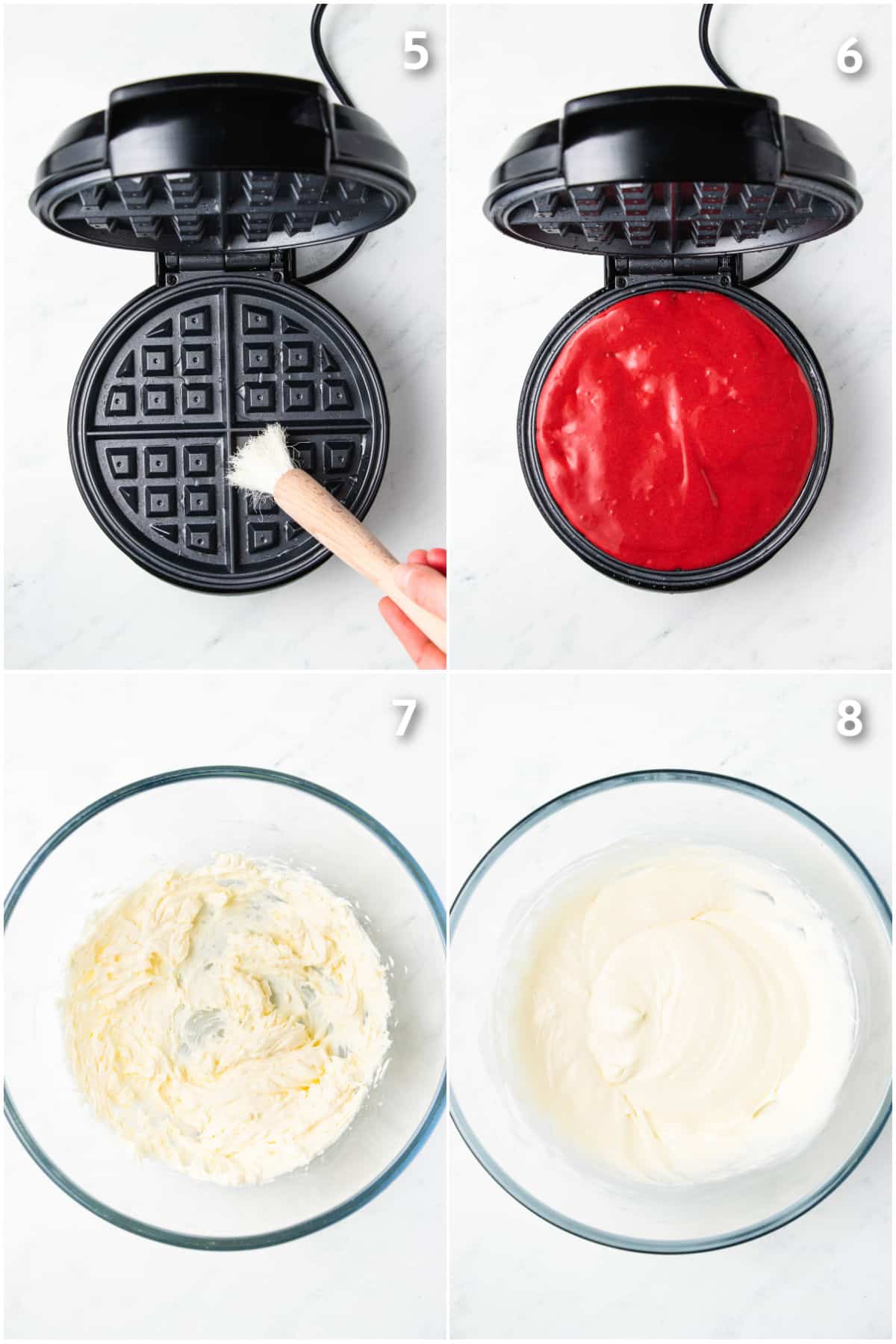 Waffle batter in a waffle iron and cream cheese icing being made.