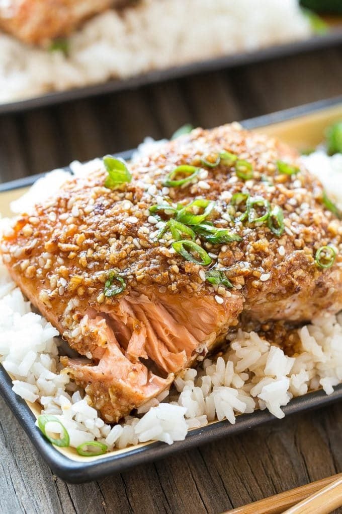 Almond crusted salmon served over steamed rice.