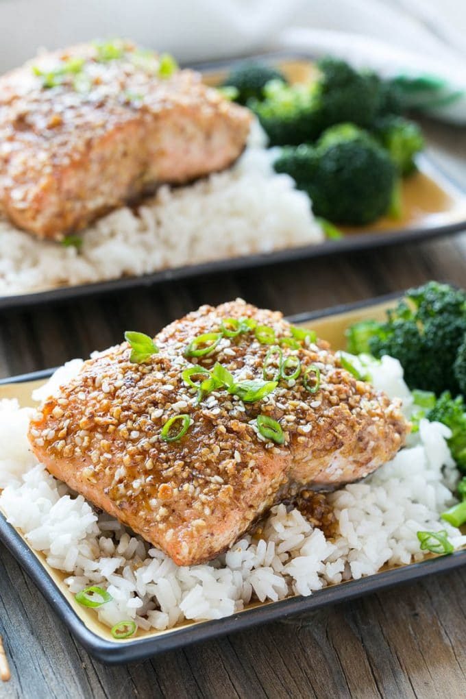 Asian salmon topped with sliced green onions.