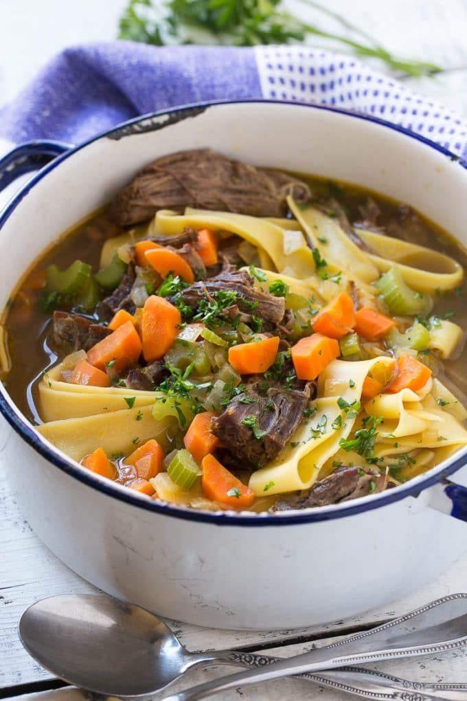 Beef and noodle soup with tender braised pot roast and wide egg noodles.