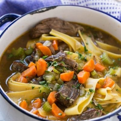 This recipe for beef and egg noodle soup is a hearty meal full of braised tender beef, vegetables and plenty of egg noodles. It's the perfect way to warm up on a cold day!