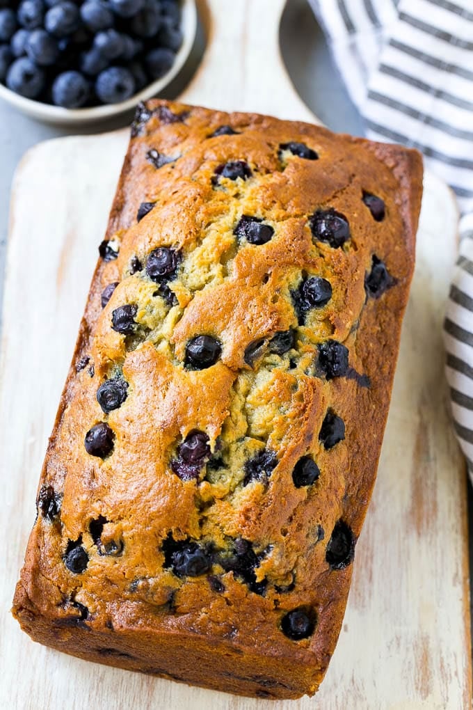 A loaf of blueberry banana bread.
