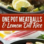 This recipe for one pot greek meatballs with lemon dill rice includes savory greek spiced beef meatballs, creamy arborio rice and vegetables, all cooked together in a single pot! #VillageHarvestInspired