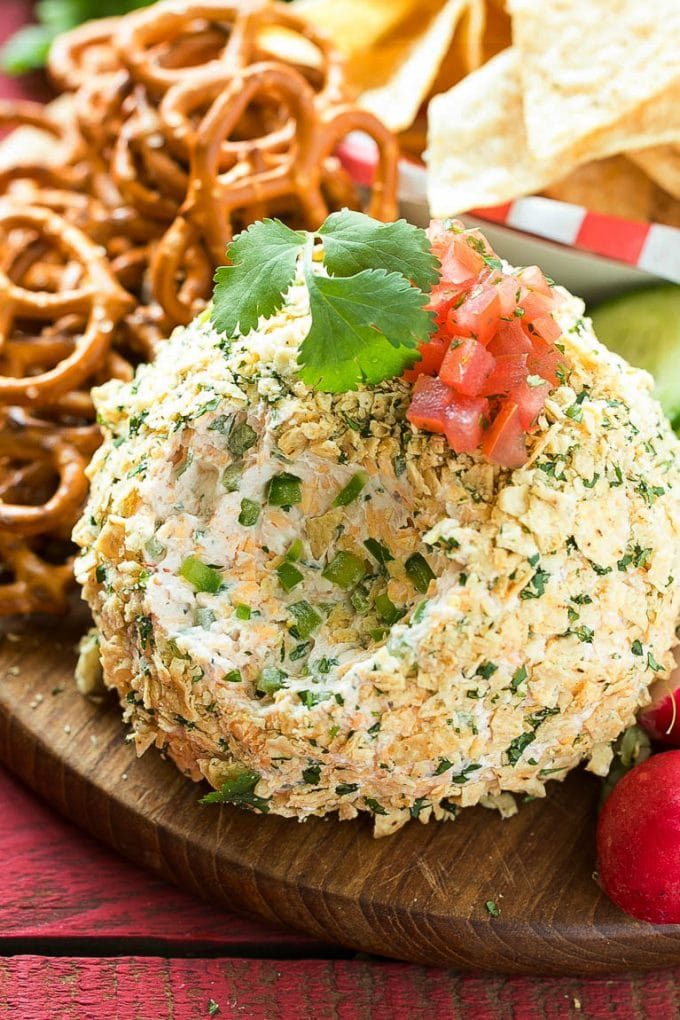 A cheese ball filled with jalapenos and cheddar cheese.